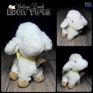Vintage Eden Toys Lamb Cream Tan Plush Toy 9" Stuffed Animal & Cow Bell Plushie - Picture 1 of 12