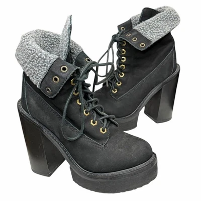 Bota de Combate Jeffrey Campbell In Charge 7.5 Cuero Negro Encaje Plataforma Suelas Foto 1 de 4