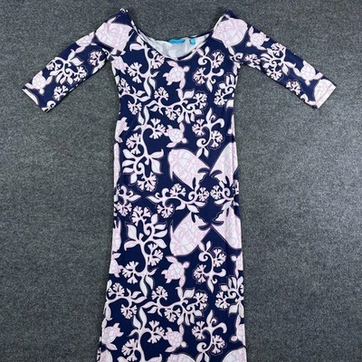 Tori Richard Dress Womens Small Navy Pink 3/4 Sleeve Tropical Sea Turtle Fish * - Image 1 of 4