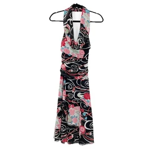 Y2K Bisou Bisou Halter Dress 6 Black Asian Floral Swirl Mesh Cowl Neck Kawaii - Picture 1 of 11