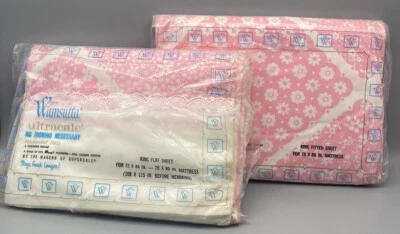 VTG 70s NOS Wamsutta Calico Square King Sheet Set Ultracale Fitted Flat Sheet - Image 1 of 4