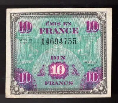 Moneda militar aliada de Francia Segunda Guerra Mundial 1944, 10 francos. Pic# 116 AU Foto 1 de 2