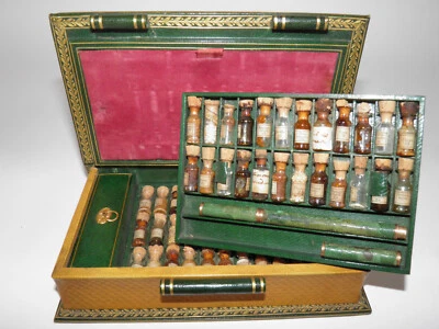 APOTHICAIRERIE HOMEOPATHIQUE Livre-Boîte Maroquin ~1835 60 Flacons PIECE UNIQUE - Photo 1/4