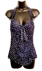Merona Halter Tankini Swim Top size M Navy Polka dot Padded Bra Ruched sides - Picture 1 of 6