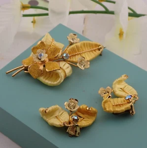 VTG Made Austria Lemon Yellow Spun Silk Rhinestone Pin Brooch Clip Earring Set - Picture 1 of 6