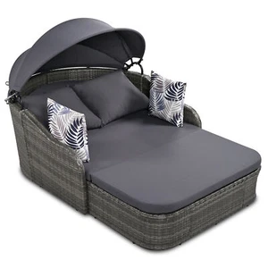 Outdoor Wicker Daybed with Adjustable Canopy Patio Double Sunbed with Cushion - Picture 1 of 7