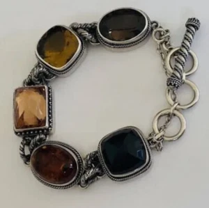 Lori Bonn 925 Sterling Silver Smoky Quartz Citrine Amber Link Chain Bracelet - Picture 1 of 7