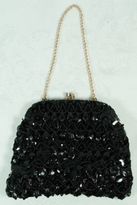 VINTAGE HONG KONG BLACK PLASTIC BEADED PURSE HANDBAG - Picture 1 of 3