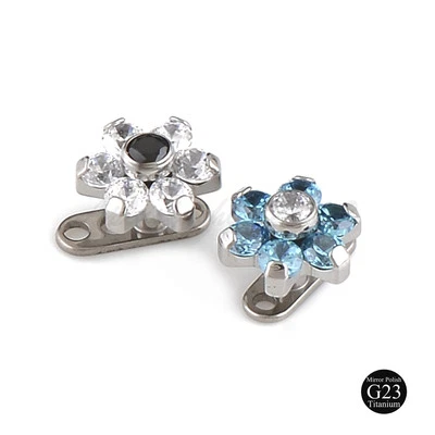 14G CZ FLOWER Stone G23 Titanium Base Dermal Anchor Universal Piercing Jewelry - Image 1 of 3