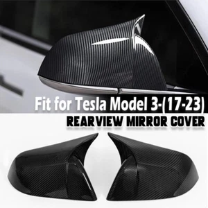 FOR 2017-23 TESLA MODEL 3 M HORN STYLE REAL CARBON FIBER SIDE MIRROR COVER CAPS - Picture 1 of 12