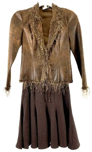 Joseph Ribkoff Womens 2 Piece Skirt Jacket Set Size 4 Brown Bead Fur Accent Trim - Picture 1 of 12