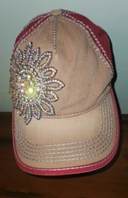 Olive & Pique Glitz Bling Rhinestone Flower Two Tone Distressed Baseball Cap Hat - Image 1 of 4