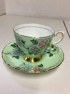 Vintage toskanische Tasse und Untertasse, englisches Fine Bone China - grüner Goldrand floral - Bild 1 von 10