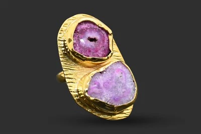 Joyería superpuesta de anillo de dos piedras rosa druzy solar chapado en oro de 18 quilates Sp-294 Foto 1 de 3