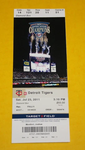 Minnesota Twins Ticket Stub | July 23 2011 | Miguel Cabrera Hit Joe Nathan Save Cover