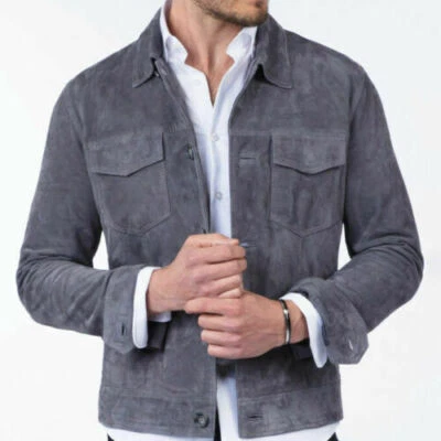 Men's Gray Suede Leather Jacket 100% Soft Lambskin Suede Leather Jacket-1107 - Image 1 of 4