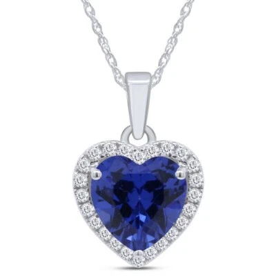 Colgante corazón 4 quilates zafiro azul y corazón diamante simulado oro blanco 14K plata Foto 1 de 4