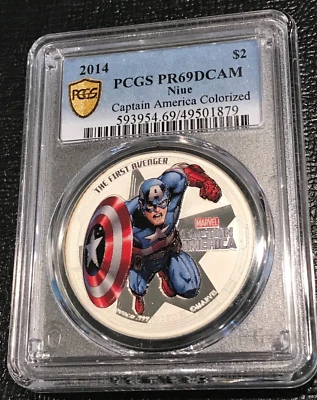2014 NIUE PCGS PR69DCAM MARVEL CAPTAIN AMERICA COLORIZED .999 -1 OZ SILVER-AGT22 - Image 1 of 2