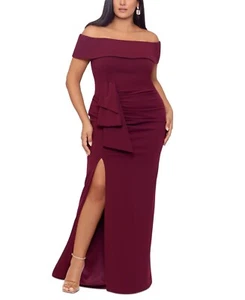 Xscape Plus Size Draped Off-the-Shoulder Gown Women's 20W Burgundy Slit Lined~ - Picture 1 of 15