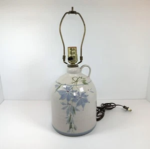 Studio Pottery Stoneware Jug Lamp Blue Floral Primitive Modern Farmhouse Decor - Picture 1 of 16