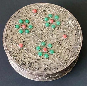 Vintage Antique Signed CHINA Jade & Coral Silver Wire Trinket Vanity Box Mirror - Bild 1 von 6