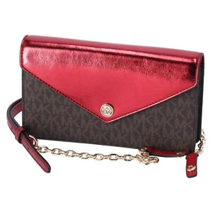 Michael Kors Jet Set Travel Small Signature Clutch Crossbody Brown Crimson Red - Picture 1 of 10