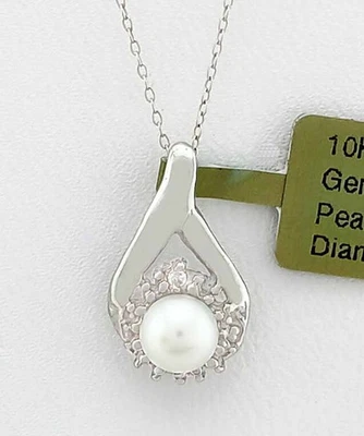 ПОДЛИННЫЙ белый жемчуг и бриллиант подвеска 10K белое золото - новый с ярлыком - бесплатная цепочка - Изображение 1 из 4