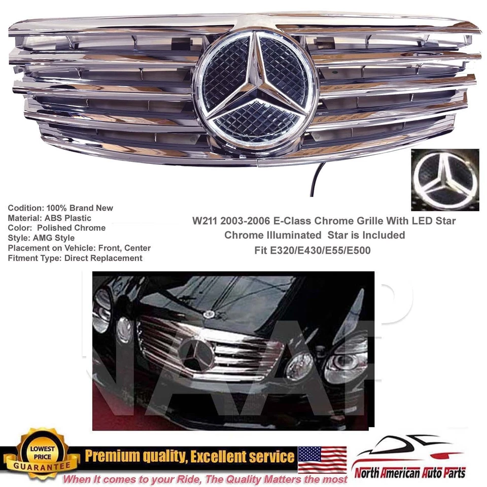 E55 grille E-Class All Chrome Illuminated Star E320 E500 2003 2004 2005 2006 LED - Image 1 of 4