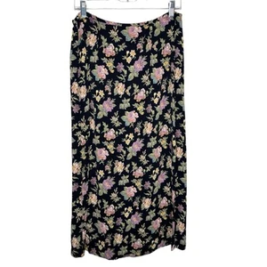 Marina Luna large black pink tan dark floral 100% wool midi skirt women's - Picture 1 of 6