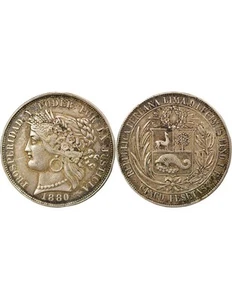 Pérou 5 Pesetas Argent - 1880 Lima - Picture 1 of 3