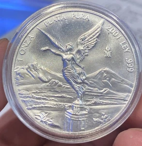 2001 Mexico Libertad 1 Onza Plata Pura .999 Silver Coin BU (Milk Spots) - Picture 1 of 2