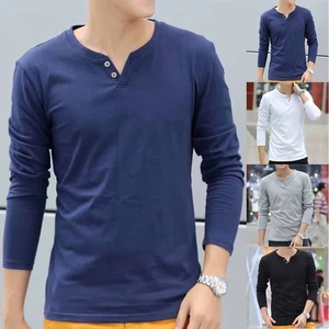 Men's Cotton Pullover Bottoming Shirt with Buttoned Collar and Long Sleeve - Picture 1 of 16