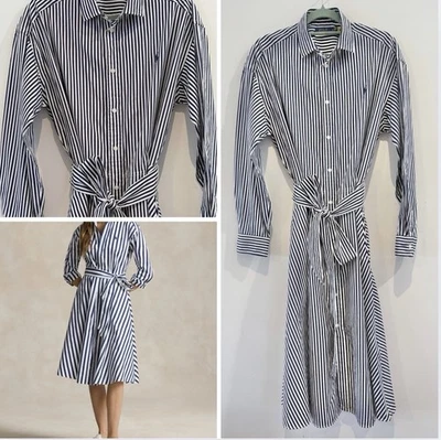 Polo Ralph Lauren Women’s 10AU/UK 6US Navy & White Stripe Shirt Dress Waist Tie  - image 1 of 4