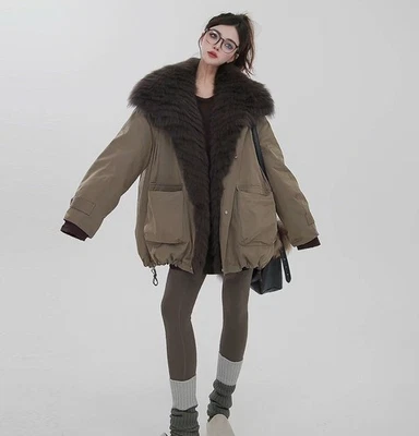 Jaqueta de inverno nova feminina oversized gola de pele de raposa ganso jaquetas médias longas - Imagem 1 de 4