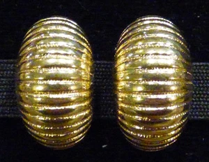 Vintage Monet Clip Earrings, Gold Tone "Shrimp" Ridged Hoops - Picture 1 of 5