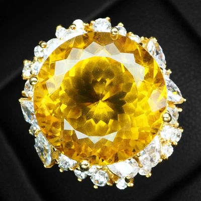 迷人的金色黄色黄水晶20.40克拉925纯银24K金花卉戒指 — 第 1/4 张图片