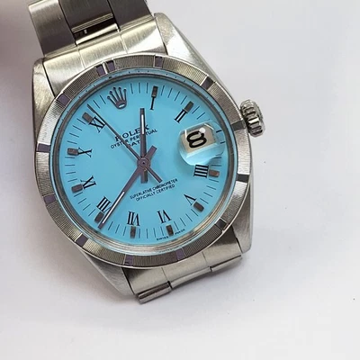 Rolex Date 34 mm esfera azul turquesa acero Oyster reloj automático 1500 circa 1966 Foto 1 de 4