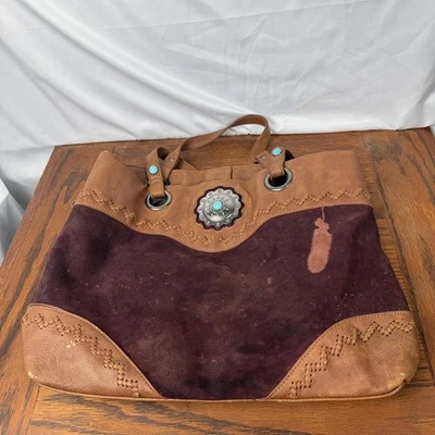 Bolso de Mano Tony Lama Mujer Cuero Marrón Gamuza Western Concho Acentos Turquesa Foto 1 de 4