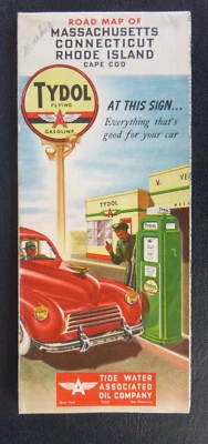 1948 Massachusetts Connecticut Rhode Island  road map Flying A Tydol  oil gas - Image 1 of 4