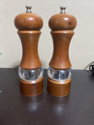 Vintage Olde Thompson Wood Salt and Pepper Mill Set With Glass Inserts 7 1/2” - Image 1 of 4