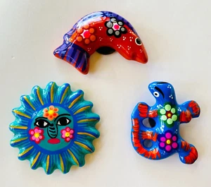 3 Mexican Talavera Folk Art Pottery Ceramic Sun Fish Lizard Refrigerator Magnet - Picture 1 of 6
