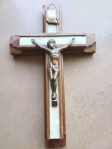 Crucifijo de madera Art Deco vintage madreperla incrustación católicos últimos ritos derechos - Imagen 1 de 8