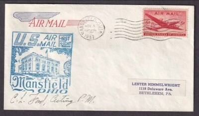 US #C32 COVER 1ST AIR MAIL FLIGHT FROM MANSFIELD OHIO 1947 SIGNED - Image 1 of 2