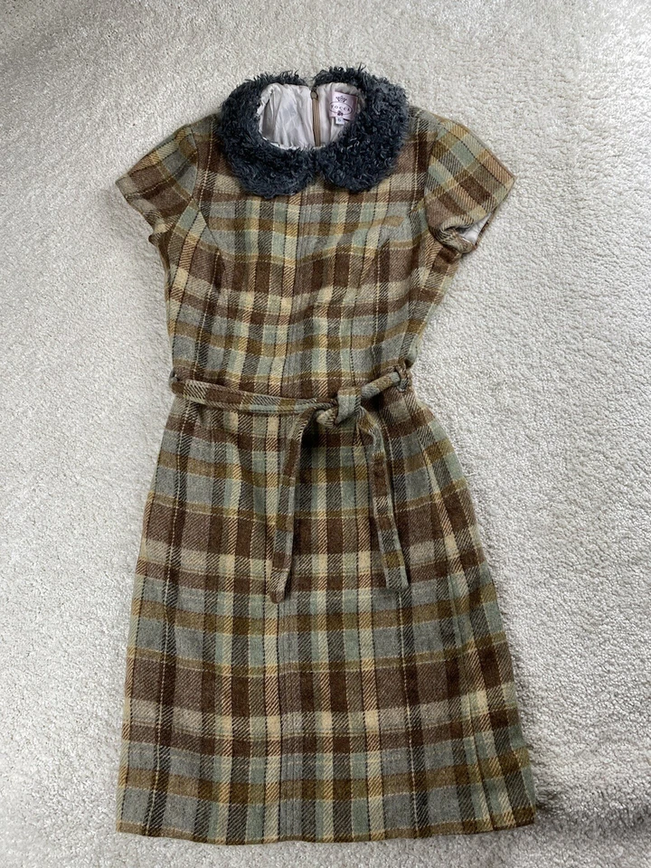 Tocca Dress Women's 6 Brown Plaid Wool Faux Fur Collar Short Sleeve Pencil Retro - Image 1 of 4