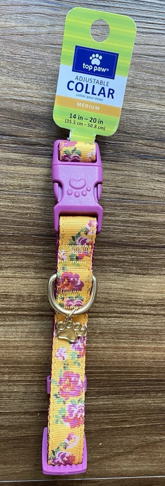 Top Paw Adjustable Dog Collar YELLOW PURPLE w FLORAL CHARM 14" - 20" MEDIUM  - Image 1 of 1
