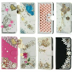 PU Leather Women Cards Rhinestone Bling Diamonds Wallet Flip Phone Cases Covers - Picture 1 of 17