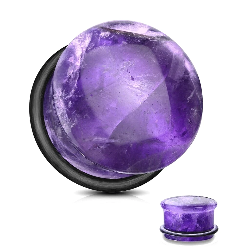 Pair of Amethyst Semi Precious Domed Single Flare Plugs with Black O Rings - Image 1 of 1