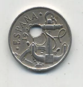SPAIN ESPAÑA 50 CENTIMOS 1949 Hole off center one punch VF - Picture 1 of 2