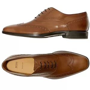NIB Hugo Boss ITALY Brown Leather Wingtip Dress Men's Oxford Derby Formal Casual - Picture 1 of 6
