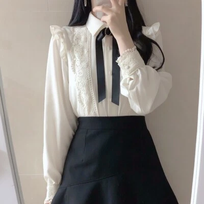 Lace Shirt Blouse Tops Bowknot Ruffle Frill Lolita Long Sleeve Office Lady - Image 1 of 4